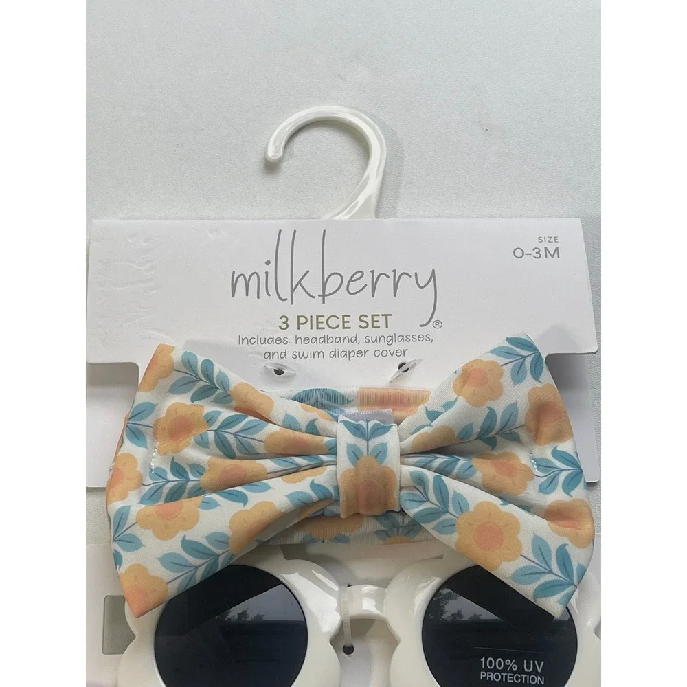 Milkberry Baby Girl 3 Piece Swim Set Diaper Cover Headband Sunglasses 0-3M